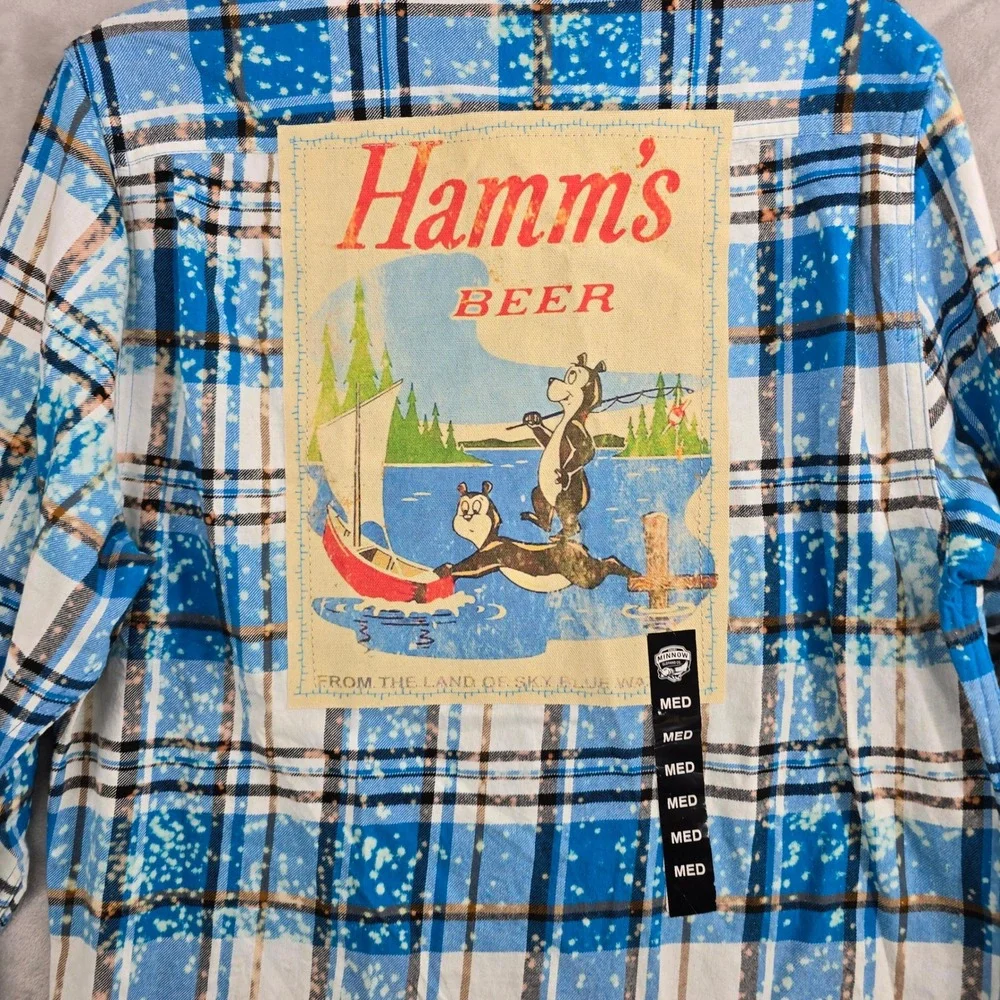 Angry Minnow Clothing Co Mens medium Long Sleeve Plaid Flannel Shirt Hamm's Beer
